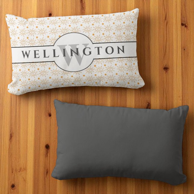 Fun Gray Monogram Name  Hand Drawn Sun Lumbar Pillow (front and back monogram template lumbar pillow)
