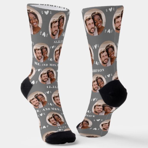Fun Gray Newlyweds Photo Pattern Socks