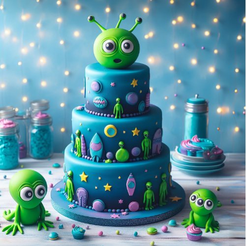 FUN GREEN ALIEN AND SPACE THEMED KIDS BIRTHDAY  CARD