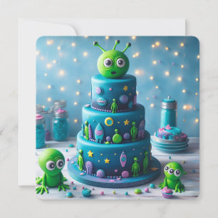 FUN GREEN ALIEN AND SPACE THEMED KIDS BIRTHDAY CARD