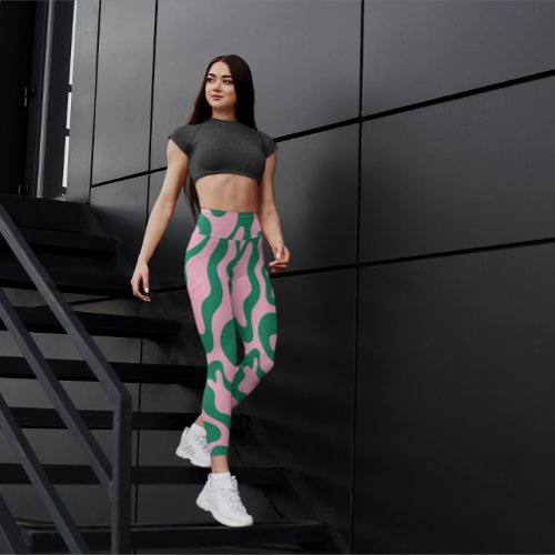 Fun green and pink abstract stylish black leggings