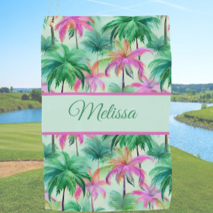 Fun green and pink ladies tropical palm tree golf towel