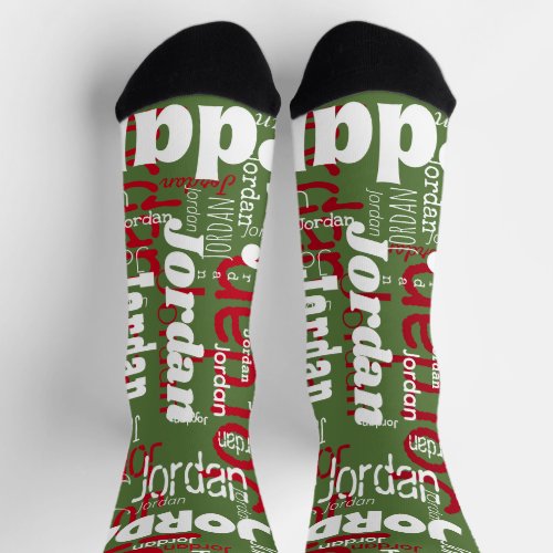 Fun Green and Red Custom Name Pattern Christmas Socks
