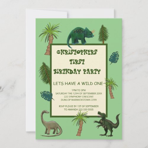 Fun Green Boy First Birthday Dinosaur Jungle Invit Invitation