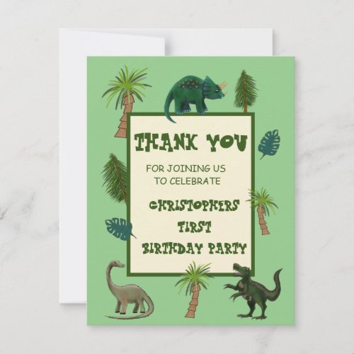 Fun Green Boy First Birthday Dinosaur Jungle  Thank You Card