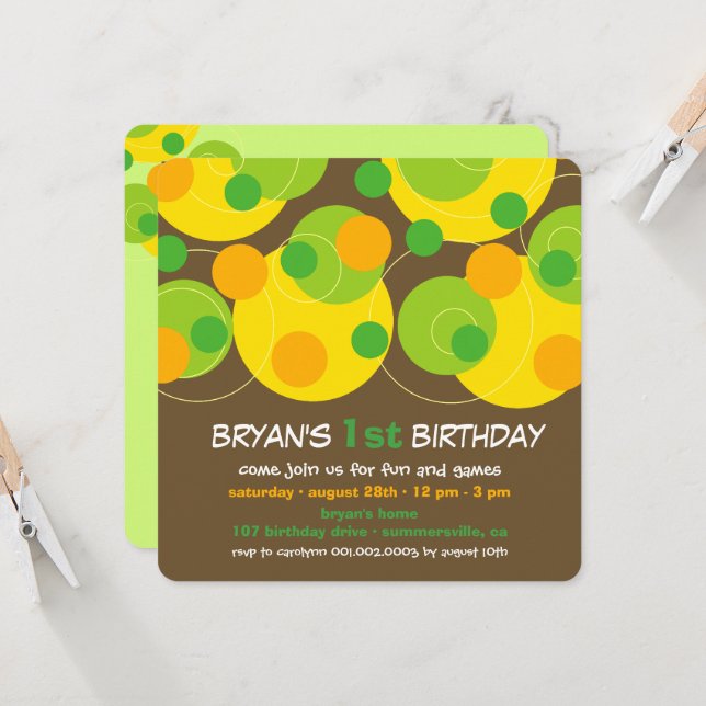 Fun Green Bubbly Dots Photo Boy 1st Birthday Party Invitation (Front/Back In Situ)