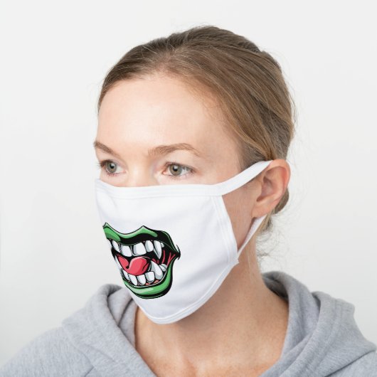 Fun Green Cartoon Vampire Mouth & Ravenous Tongue White Cotton Face Mask (Angled)