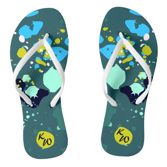 Fun Green Colorful Paint Splatter & Initials  Flip Flops (Footbed)