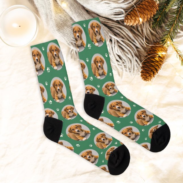 Fun Green Custom Dog Photo Paw Print Socks (Creator Uploaded)