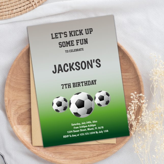 Fun Green Football Party Theme Invitation (3 Balls Soccer Birthday Invitations)