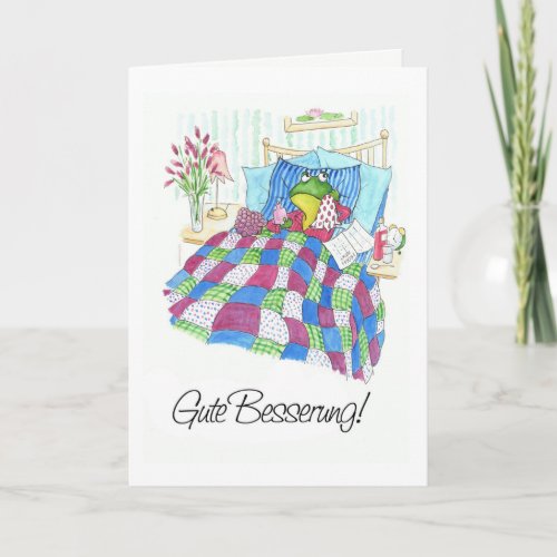 Fun Green Frog Get Well Soon German Greeting Card