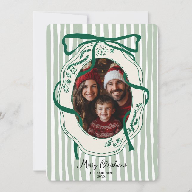 Fun Green Hand Drawn Merry Christmas Family Photo  Invitation (Front)