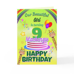 FUN GREEN Happy 9th Birthday Giraffes and Balloons Card
