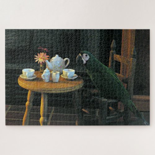 Fun Green Parrot Tea Set  Table Jigsaw Puzzle