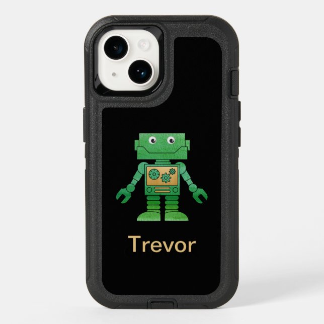Fun Green Robot on Black Otterbox iPhone Case (Back)