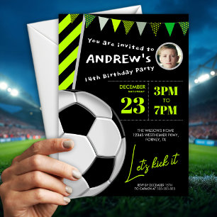 Fun Green Soccer Birthday Party Photo Invitation