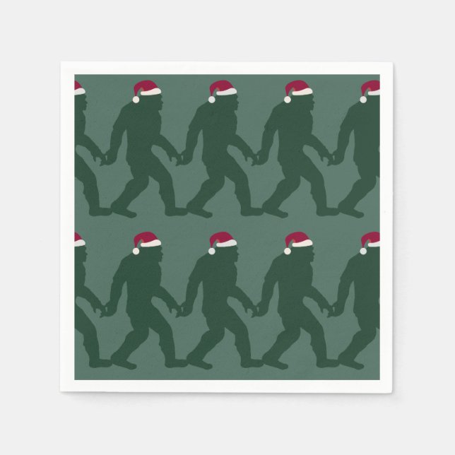Fun Green Tonal Bigfoot Santa Christmas Napkins (Front)