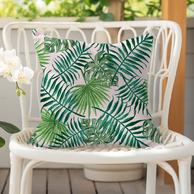 Fun Green Tropical Leaves on Pink Outdoor Pillow (Creator Uploaded)