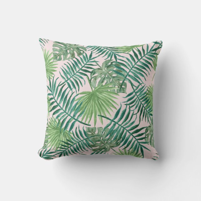 Fun Green Tropical Leaves on Pink Outdoor Pillow (Front)