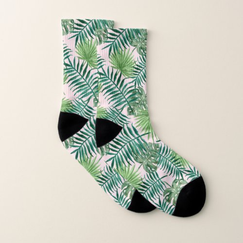 Fun Green Tropical Palm Leaves Pattern on Pink Socks