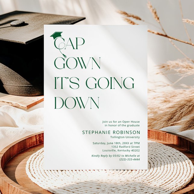 Fun Green & White Cap, Gown Graduation Invitation (Creator Uploaded)