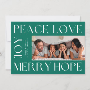 Fun Green White Letters MERRY JOY PEACE LOVE photo Holiday Card