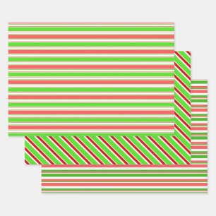 Fun Green, White, Red Christmas Inspired Lines Wrapping Paper Sheets