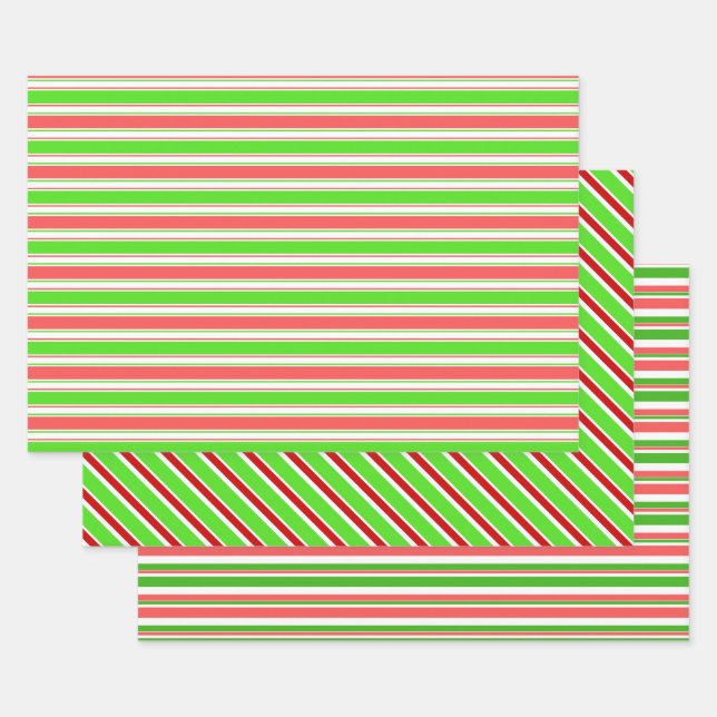 Fun Green, White, Red Christmas Inspired Lines Wrapping Paper Sheets (Set)