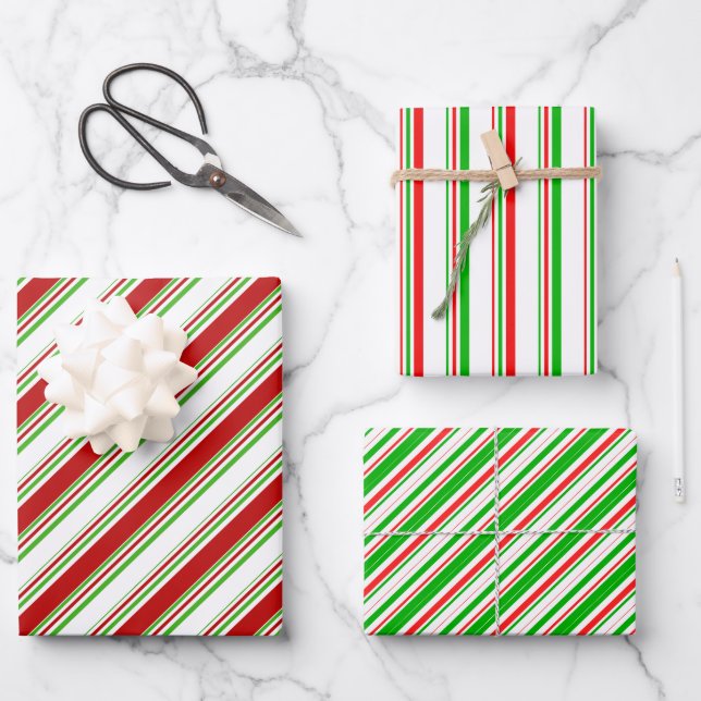 Fun Green, White, Red Christmas-Inspired Stripes Wrapping Paper Sheets (Front)