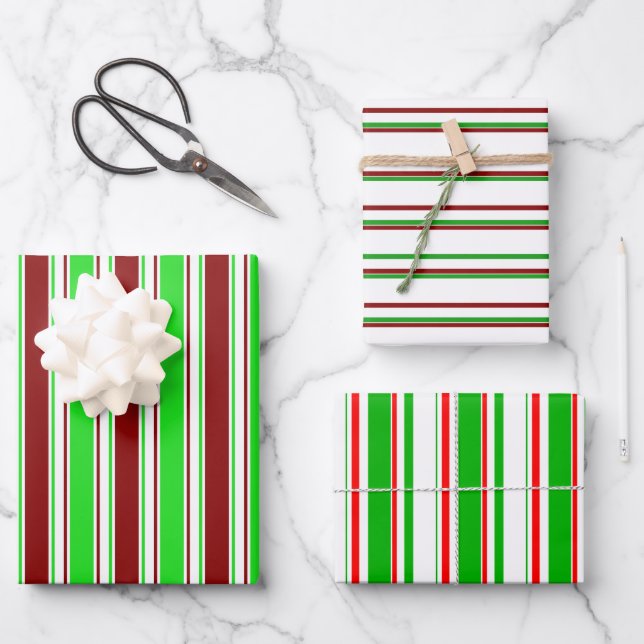 Fun Green, White, Red Christmas Themed Patterns Wrapping Paper Sheets (Front)