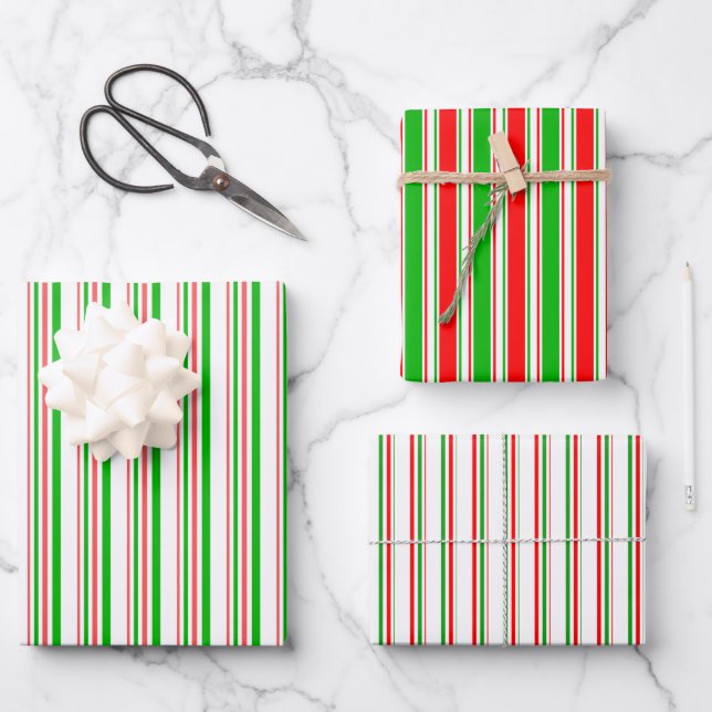 Fun Green, White, Red Christmas Themed Patterns Wrapping Paper Sheets (Front)