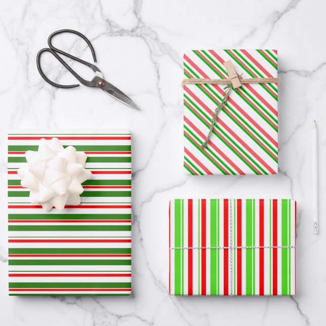Fun Green, White, Red Christmas Themed Stripes Wrapping Paper Sheets (Front)