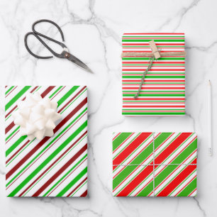 Fun Green, White, Red Colored Stripes Patterns Wrapping Paper Sheets