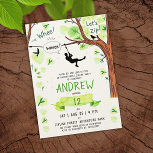 Fun Green Zipline Forest Adventure Watercolor Invitation