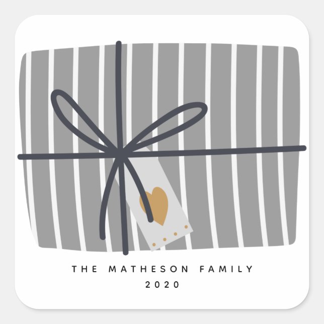 Fun Grey Stripe Wrapped Gift Design Holiday Square Sticker (Front)