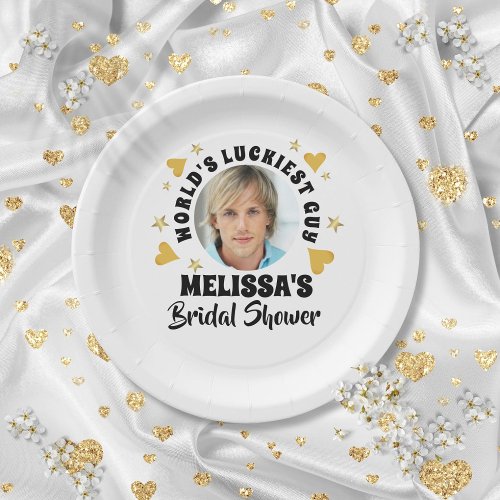 Fun Grooms Face Photo Gold Hearts Bridal Shower Paper Plates