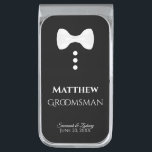 Fun Groomsman Bow Tie Tuxedo Wedding Favor Silver Finish Money Clip<br><div class="desc">These fun money clips are designed as a gift or favor for your groomsmen. They feature a fun design of a white bow tie with three white buttons over a black background, resembling a tuxedo. The text reads "Groomsman" and has a place to enter his name as well as the...</div>