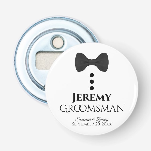 Fun Groomsman Wedding Favor Black Tie Tuxedo Bottle Opener (Front)