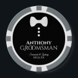 Fun Groomsman Wedding Favor White Bow Tie Tuxedo Poker Chips<br><div class="desc">These poker chips make a wonderful favor for your groomsmen. They feature a fun tuxedo design with a white bow tie and three white buttons on a black background. The text reads "Groomsman" with a place for his name, the names of the couple, and the wedding date. Wonderful keepsake or...</div>