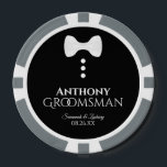 Fun Groomsman Wedding Favor White Bow Tie Tuxedo Poker Chips<br><div class="desc">These poker chips make a wonderful favor for your groomsmen. They feature a fun tuxedo design with a white bow tie and three white buttons on a black background. The text reads "Groomsman" with a place for his name, the names of the couple, and the wedding date. Wonderful keepsake or...</div>