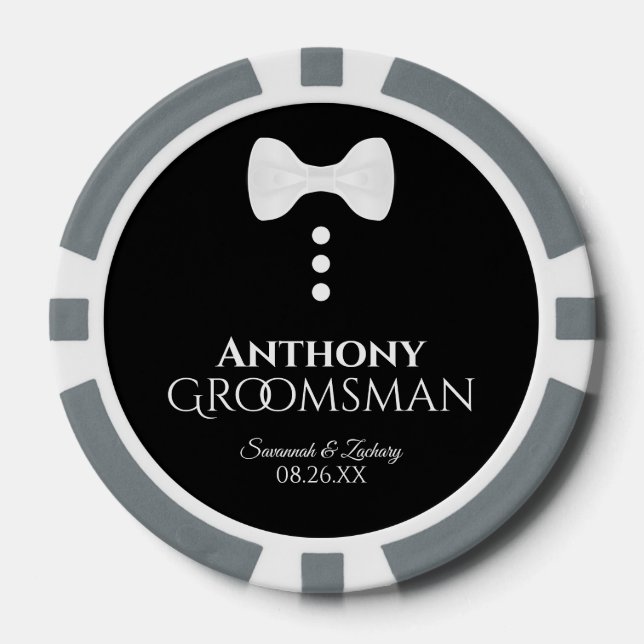 Fun Groomsman Wedding Favor White Bow Tie Tuxedo Poker Chips (Front)