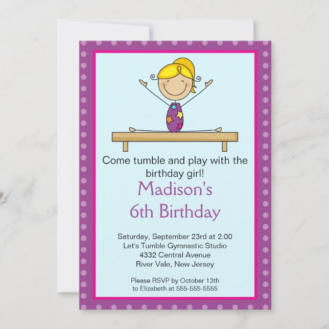 Fun Gymnastics Kids Birthday Party Invitation (Front)