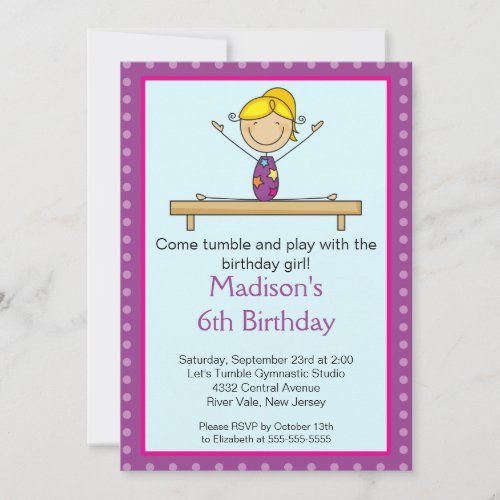 Fun Gymnastics Kids Birthday Party Invitation