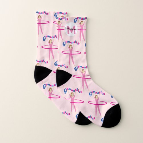 Fun Gymnastics text Pink hula hoop girl Monogram Socks