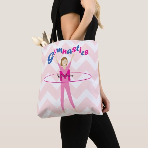 Fun Gymnastics text Pink hula hoop girl Monogram Tote Bag