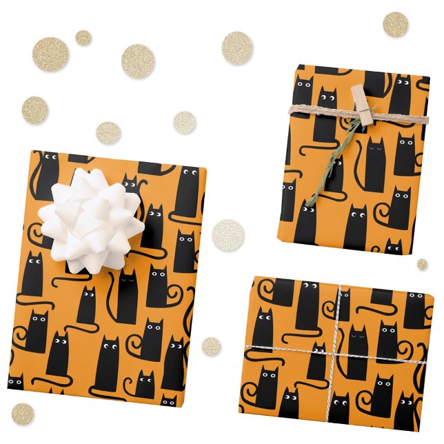 Fun Halloween Black Cat Orange Wrapping Paper Sheets (Fun Halloween black cat pattern gift wrap with art by NicSquirrell )