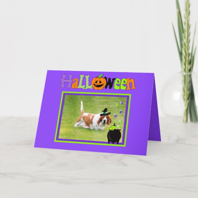Fun Halloween Card W/Basset Hound, Frog, & Spiders (Front)