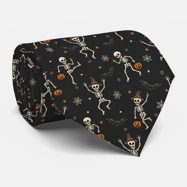 Fun Halloween Dancing Skeleton Pattern Black Neck Tie (Rolled)