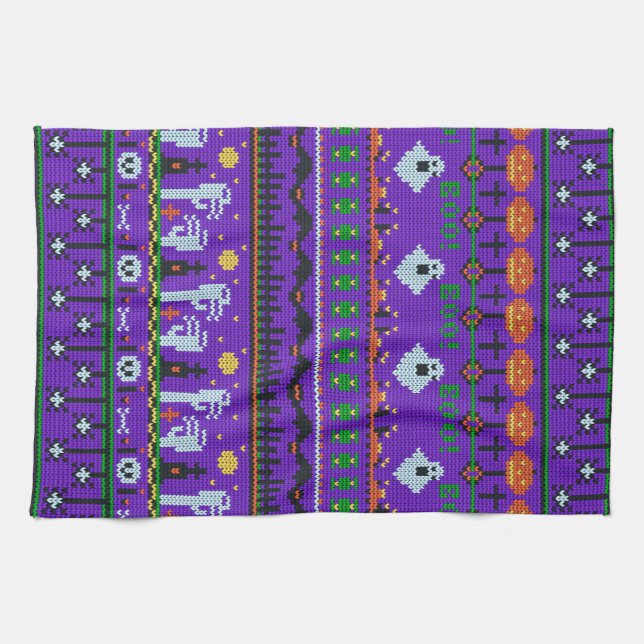 Fun Halloween day stuff purple knitting pattern Kitchen Towel (Horizontal)