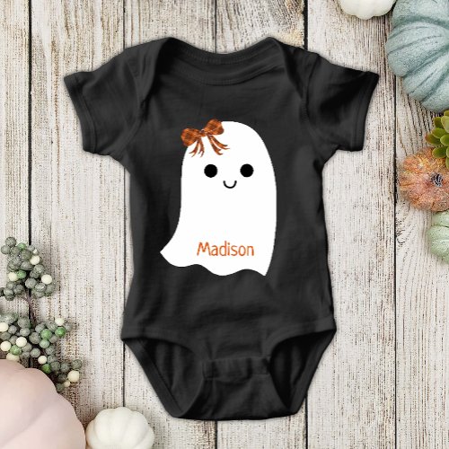 Fun Halloween Girl Ghost Plaid Bow Baby Name Baby Bodysuit